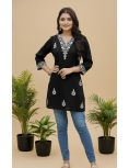 Women's Black Rayon Embroidered Short Kurti