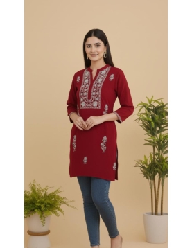 Women's Maroon Rayon Embroidered Short Kurti