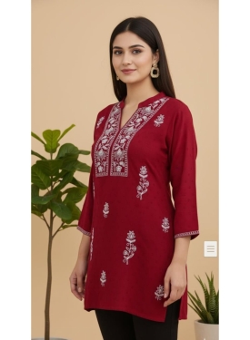 Women's Maroon Rayon Embroidered Short Kurti