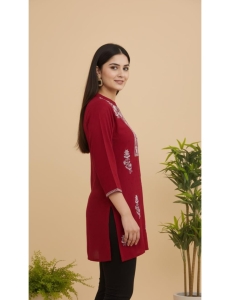 Women's Maroon Rayon Embroidered Short Kurti