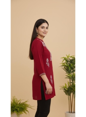 Women's Maroon Rayon Embroidered Short Kurti