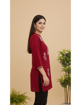 Women's Maroon Rayon Embroidered Short Kurti