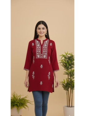 Women's Maroon Rayon Embroidered Short Kurti