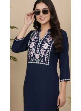 Women's Navy Blue Rayon Straight Kurti with Intricate Floral Yoke Embroidery