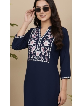 Women's Navy Blue Rayon Straight Kurti with Intricate Floral Yoke Embroidery