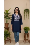 Women's Navy Blue Rayon Straight Kurti with Intricate Floral Yoke Embroidery