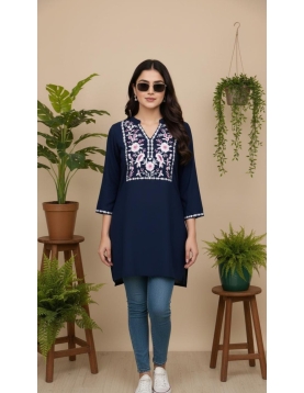 Women's Navy Blue Rayon Straight Kurti with Intricate Floral Yoke Embroidery