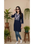 Women's Navy Blue Rayon Straight Kurti with Intricate Floral Yoke Embroidery