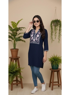 Women's Navy Blue Rayon Straight Kurti with Intricate Floral Yoke Embroidery
