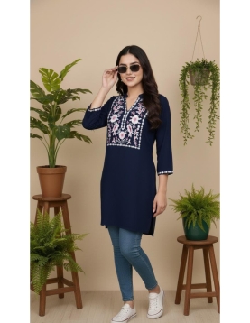 Women's Navy Blue Rayon Straight Kurti with Intricate Floral Yoke Embroidery