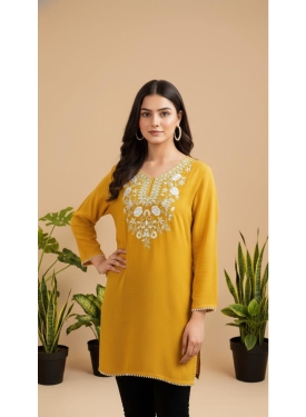 Mustard Yellow Rayon Straight Kurta with White Floral Yoke Embroidery