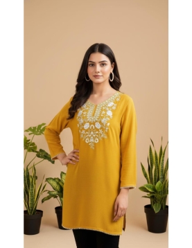 Mustard Yellow Rayon Straight Kurta with White Floral Yoke Embroidery