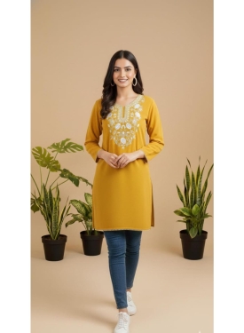 Mustard Yellow Rayon Straight Kurta with White Floral Yoke Embroidery