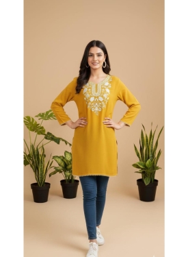 Mustard Yellow Rayon Straight Kurta with White Floral Yoke Embroidery