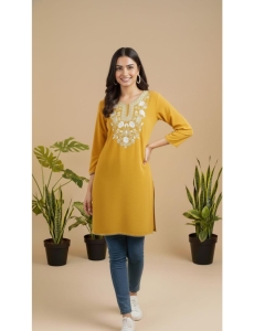 Mustard Yellow Rayon Straight Kurta with White Floral Yoke Embroidery