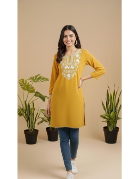 Mustard Yellow Rayon Straight Kurta with White Floral Yoke Embroidery