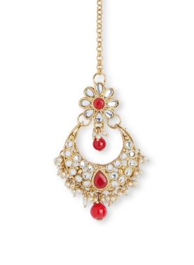 Red Stone Work Traditional Earrings With Maang Tikka 