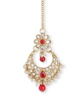 Red Stone Work Traditional Earrings With Maang Tikka 