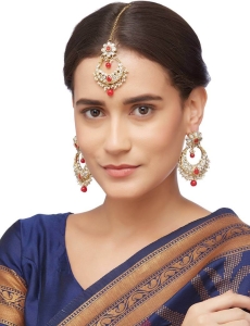 Red Stone Work Traditional Earrings With Maang Tikka 