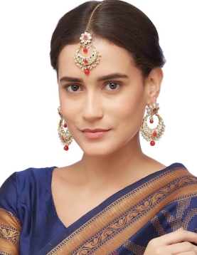 Red Stone Work Traditional Earrings With Maang Tikka 