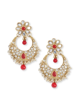 Red Stone Work Traditional Earrings With Maang Tikka 