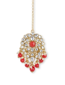 Red Stone Work Earrings With Maang Tikka 