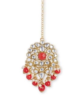 Red Stone Work Earrings With Maang Tikka 