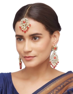 Red Stone Work Earrings With Maang Tikka 