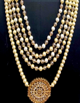 Men Crystal Pearl Groom Mala In Cream