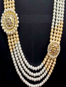 Men Crystal Pearl Groom Mala In Gold & White