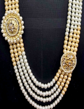 Men Crystal Pearl Groom Mala In Gold &amp; White