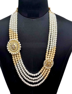 Men Crystal Pearl Groom Mala In Gold & White