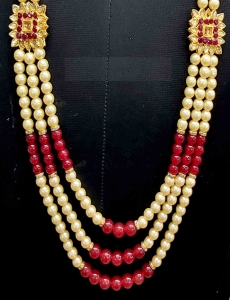 Men Crystal Pearl Groom Mala In Maroon 