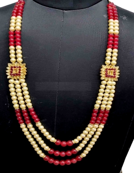 Men Crystal Pearl Groom Mala In Maroon 