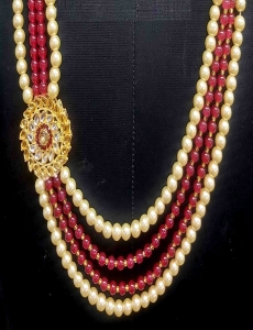 Embellished Multi Layered Mala In Gold & Maroon 