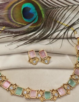 Peach and Sea Green Pure Brass with Rajwadi Polish Necklace