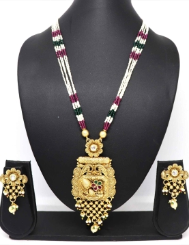 Pure Brass with Rajwadi Polish Necklace With Green and Maroon Stone