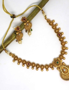 Pure Brass Rajwadi Polish Necklace With Green and Maroon Stone 