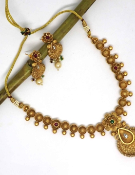 Pure Brass Rajwadi Polish Necklace With Green and Maroon Stone 