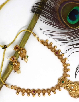 Pure Brass Rajwadi Polish Necklace With Green and Maroon Stone 