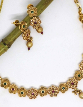 Pure Brass Rajwadi Polish Necklace With Green and Maroon Stone 