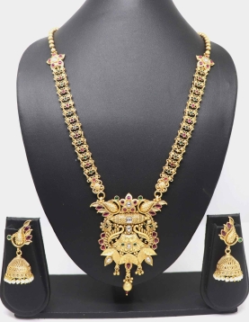 Pure Brass with Rajwadi Polish Necklace With Green and Maroon Stone