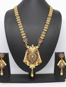 Pure Brass with Rajwadi Polish Necklace With Green and Maroon Stone