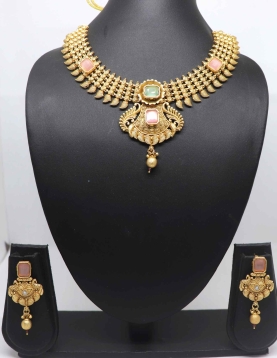 Pure Brass Gold Rajwadi Polish Necklace Peach 