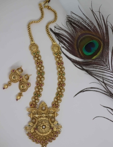 Pure Brass Gold Rajwadi Polish Necklace With Green and Maroon Stone