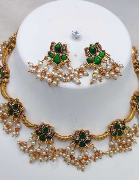 Copper Necklace Set With Green Stone 