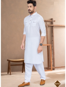 Men’s Pure White Cotton Pathani Kurta Set with Dual Flap Pockets