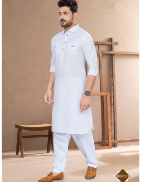 Men’s Pure White Cotton Pathani Kurta Set with Dual Flap Pockets
