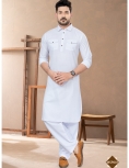 Men’s Pure White Cotton Pathani Kurta Set with Dual Flap Pockets