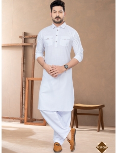 Men’s Pure White Cotton Pathani Kurta Set with Dual Flap Pockets